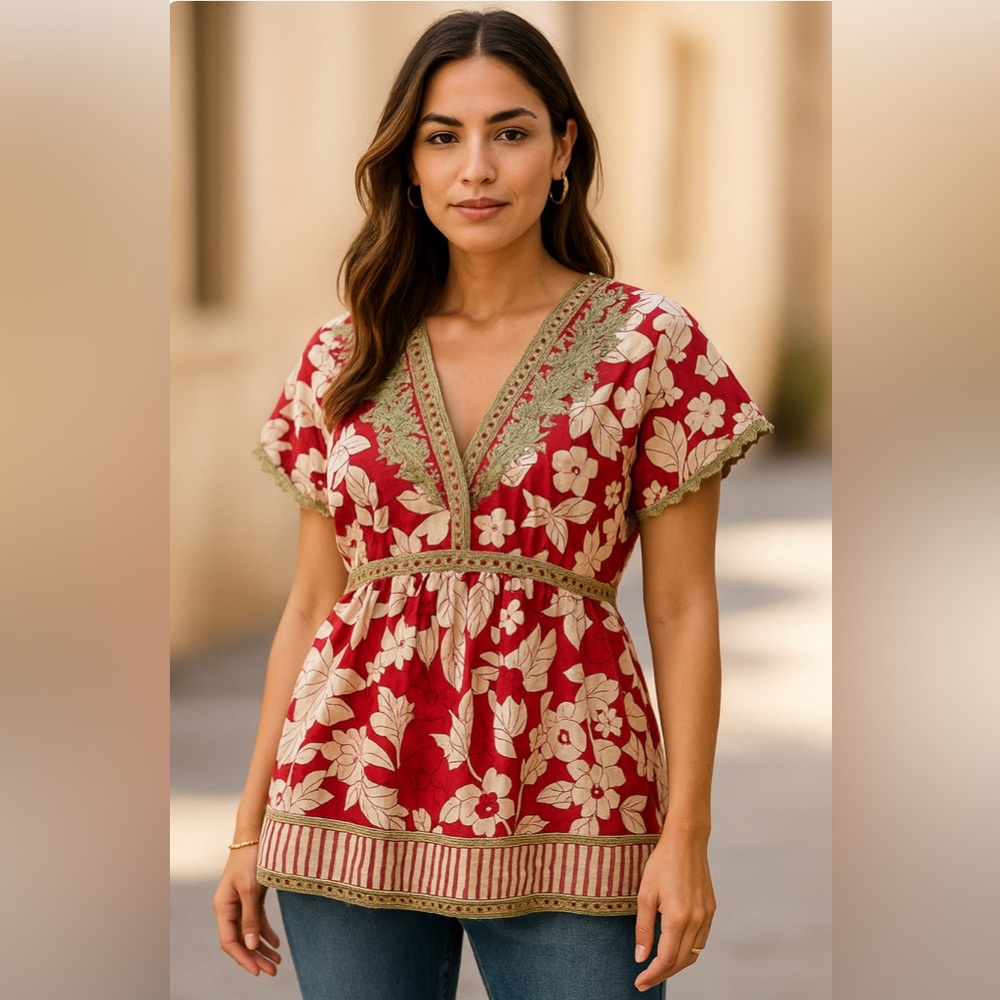Johnny Was Red and Cream Floral Top